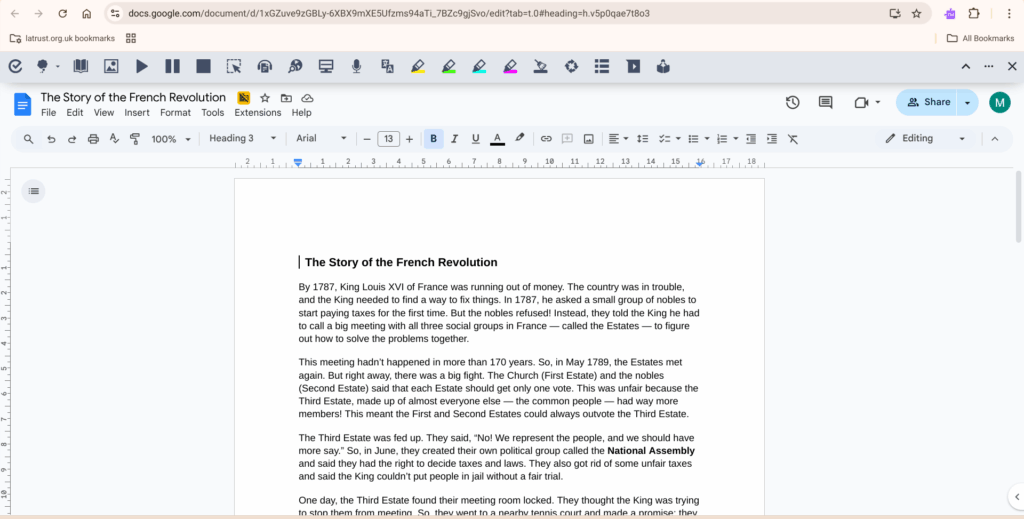 Screenshot of a word document on a computer. With the title of the document saying 'The story of the French Revolution'