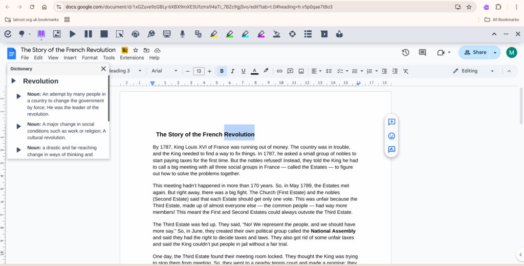 Screenshot of a word document wi the word revolution highlighted from French revolution