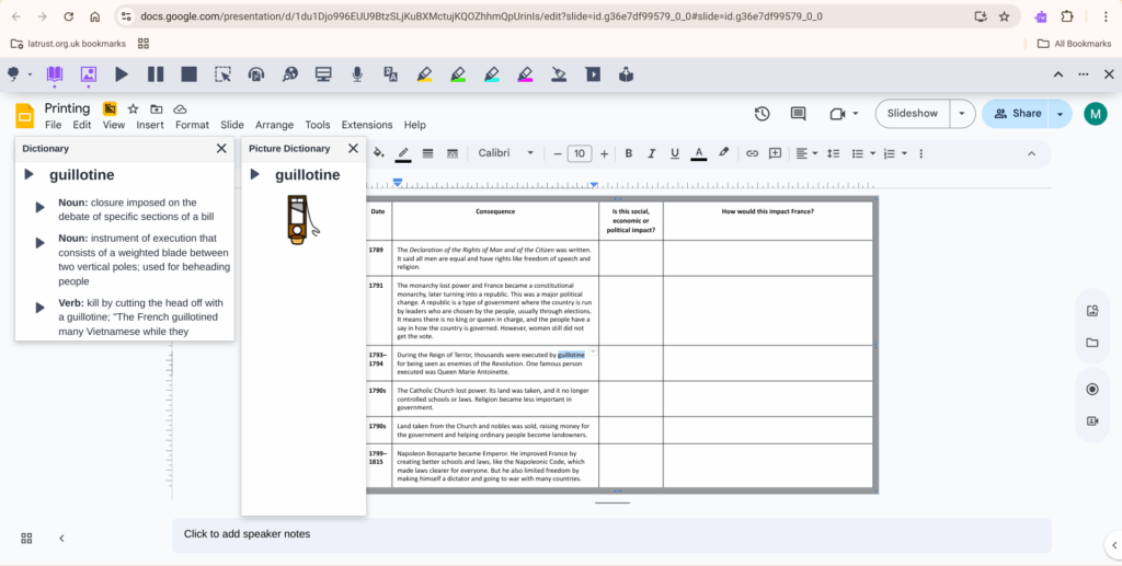 Screenshot of a powerpoint slide on the a computer with the word guillotine highlighted, with a small image of a guillotine
