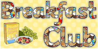 A graphic showing the words "Breakfast Club" with decorative, patterned letters filled with images of various breakfast foods like cereal, fruit, and chocolate. Next to the text is a box of cereal and a bowl of cereal and fruit, along with a bunch of grapes.
