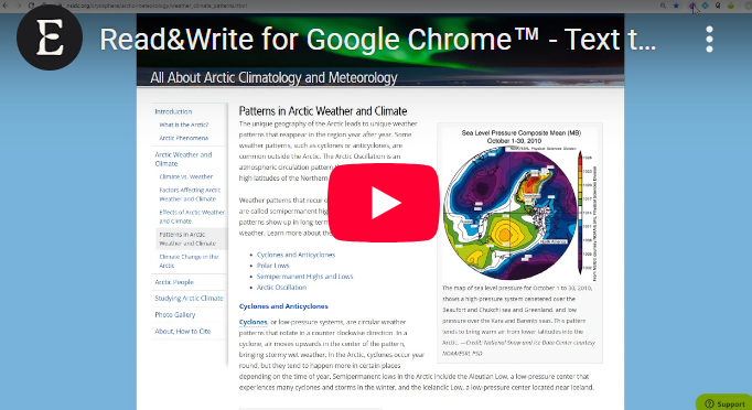 A screenshot of a webpage from Texthelp (now Everway) promoting their Read&Write software. The page highlights that the software "helps dyslexic students" and features an explanation of the "Transform text to speech" tool. A video preview image is visible on the page.