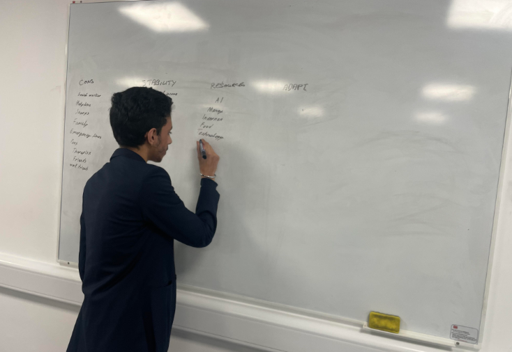 A student in a dark blazer is writing notes on a whiteboard. The notes are divided into columns labeled 'STABILITY,' 'RESOURCES' (with items like 'Money' and 'Technology'), and 'ADAPT,' suggesting a brainstorming session on a resilience or problem-solving topic.