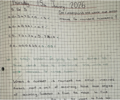 A handwritten page from a school math notebook dated Thursday 15th January 2026. It includes a warm-up section titled "5 for 5" with four rounding problems and a learning objective that asks: "Can I understand and work out error interval for rounded numbers?". The bottom of the page contains notes explaining that error intervals span half a unit of accuracy and lists steps for the calculation.