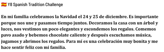 A digital document header titled "Y8 Spanish Tradition Challenge" featuring a Spanish flag emoji. Below the title is a paragraph written in Spanish describing a family's Christmas (Navidad) traditions, including celebrations on December 24th and 25th, decorating with a tree and lights, eating roast turkey, and opening gifts.