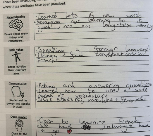 A worksheet titled "I have been developing the following... when these attributes have been practised" with four sections: Knowledgeable, Risk-taker, Communicator, and Open-minded. Handwritten entries reflect progress in learning French, such as "Having full conversations in French" under Risk-taker and "Open to learning French" under Open-minded.