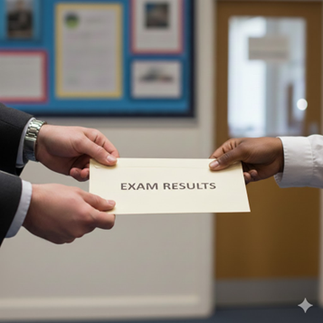 Hands exchange an "EXAM RESULTS" envelope.