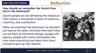 A reflection slide titled "How should we remember the Jewish lives lost in the Holocaust?". The text emphasizes that Jewish history is defined by thousands of years of resilience and creativity, rather than just the Holocaust. A historical black and white photograph on the right shows a group of people in winter coats.