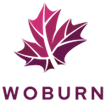 A logo featuring a stylized maroon and purple maple leaf with the name "WOBURN" written in capital letters underneath.