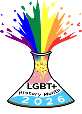A logo for "LGBT+ History Month 2026" featuring a lab flask with a rainbow-colored liquid erupting from the top in a splash pattern.