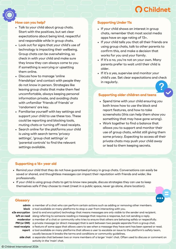 The second page of the Childnet guide, offering advice for parents on how to support children of different ages (under 11s, older children/teens, and 16+ year olds) with a glossary of terms at the bottom.