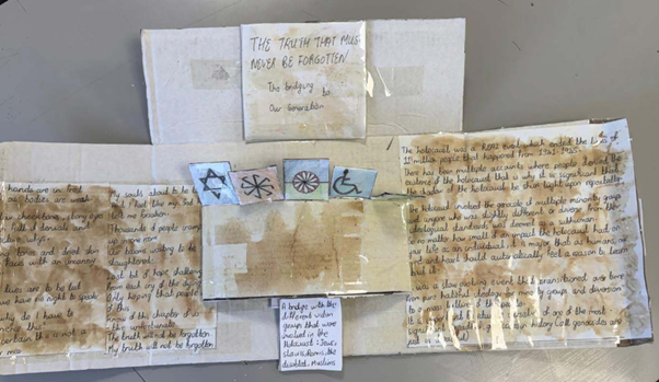 A handmade educational display on cardboard titled "THE TRUTH THAT MUST NEVER BE FORGOTTEN". It includes handwritten text about the Holocaust and a row of small, hand-drawn symbols representing different groups affected.