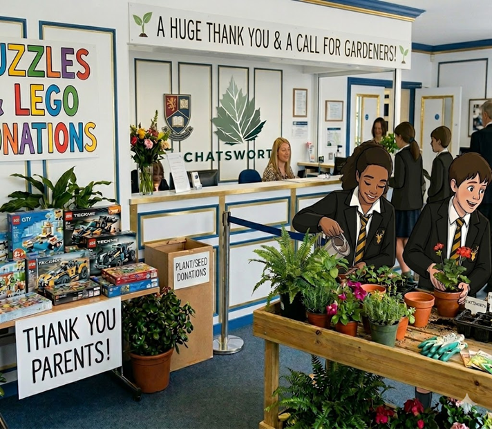 An illustration of a school reception area for "Chatsworth," featuring a blend of real photography and animated characters. Two students in school uniforms are animated into the foreground, where they are actively potting and watering plants on a wooden table. To the left, a table is filled with donated LEGO sets and puzzles, accompanied by a sign that reads "THANK YOU PARENTS!" In the background, a receptionist sits behind a white and gold counter, and a banner overhead reads "A HUGE THANK YOU & A CALL FOR GARDENERS!"