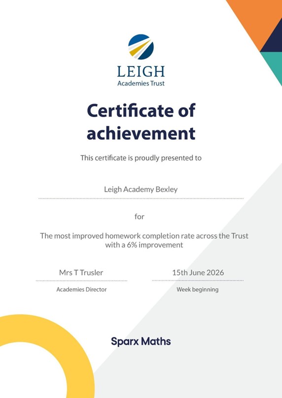 A formal Certificate of Achievement from Leigh Academies Trust awarded to Leigh Academy Bexley for a 6% improvement in homework completion, dated June 2026.
